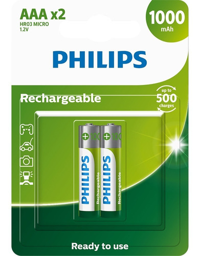 02 Unidades Pilha Recarregavel Philips Aaa 1000 Mah - Palito