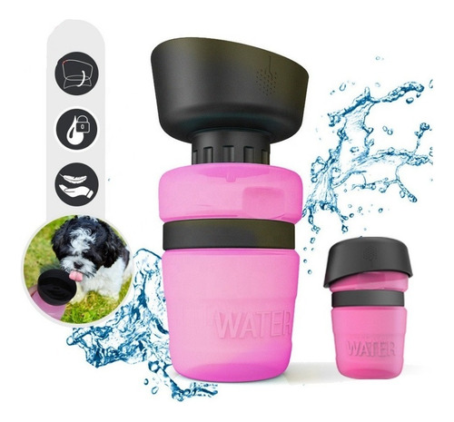 Botella Dispensador De Agua Portatil 500ml Para Mascotas Color Rosa