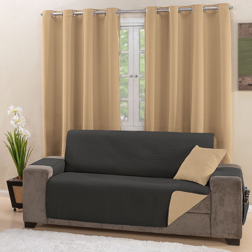 Manta Para Sofa Retratil Grande Impermeavel Com Porta Objeto Cor Preto/caqui Liso