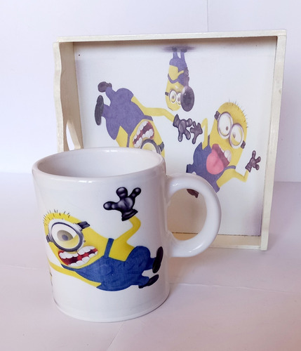 Taza De Cerámica Minions Con Bandeja De Madera 16 Cm X 16 Cm