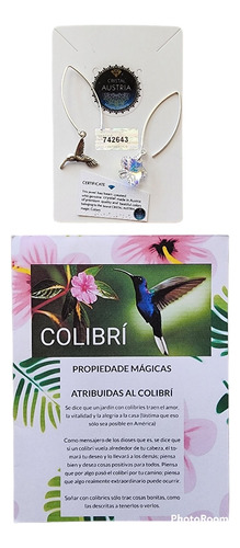 Aros Colibrí Mágico Con Flor De Cristal Austria , Plata