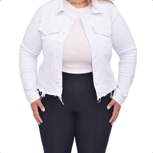  Jaqueta Jeans Feminina Plus Size Curta Com Lycra Desfiada