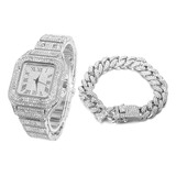 Reloj Cuadrado De Diamantes + Pulsera De 20cm Para Hombre