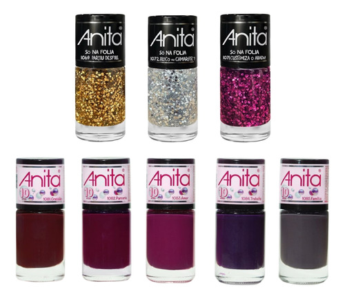 Kit 8 Esmalte Anita 2 Coleções Só Folia Glitter + 10 Anos