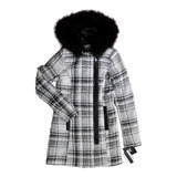 Abrigo Chaqueta Larga Gaban Capota Peluche Y Detalles En Cuero Sintetico Blanco Y Negro Cuadros Faux Fur Mujer Talla Xs