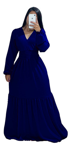 Vestido Feminino Longo Lástex Plus Size Manga Longa Decote V