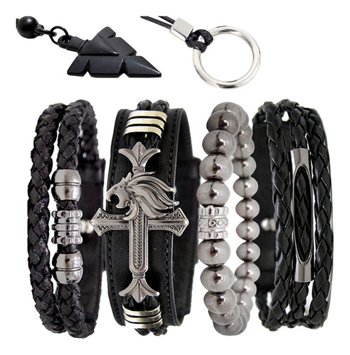 Pulseiras Masculinas Kit C/4 Bussola Leão + 2 Colares Marrom