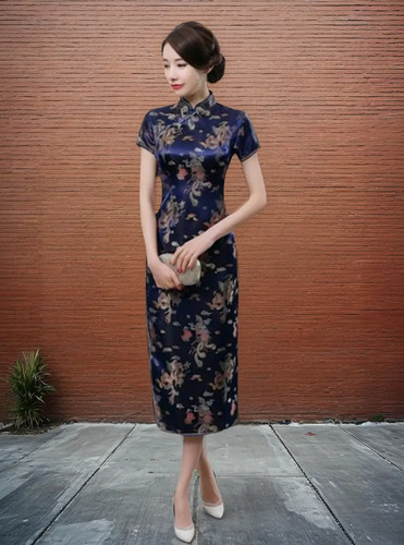 Vestido Qipao Dragones Chino Tradicional Azul Largo Tallas