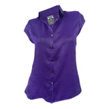 Camisa Blusa En Seda Morada Con Abertura Manga Corta Mujer