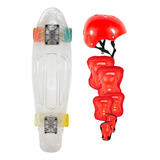 Kit Juvenil Patineta Penny Transparente Led + Protecciones Color De Las Ruedas Blanco/rojo