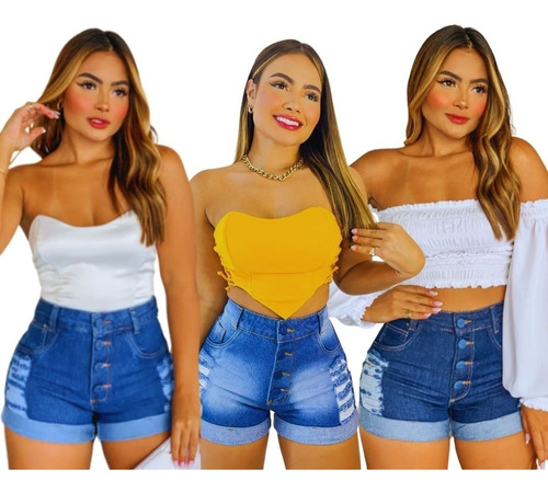  Kit Com 3 Bermudas Femininas Cós Alto Jeans Shorts Jeans 