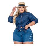 Camisa Camisete Feminina Jeans Social Plus Size Manga Longa