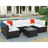 Conjunto De Muebles De Jardín De Mimbre Modular De 7 Piezas,