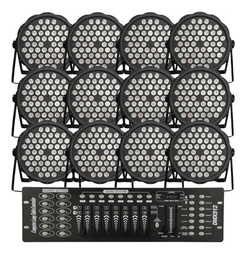 Kit 12 Canhão Refletor Par Led 54 Led 3w Rgbwa + Mesa Dmx Dj