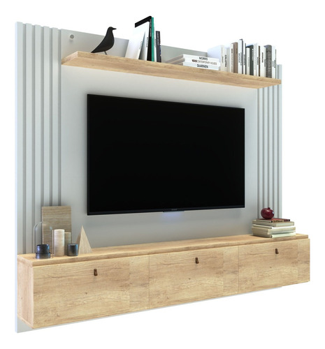 Panel Rack Tv 3 Puertas Delos Dro02 Varillado Tv Hasta 65'' Color Roble Nebraska Natural/blanco Laca