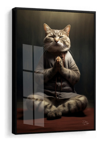 Quadro Decorativo Gato Animal Buda Meditacao C Moldura Vidro