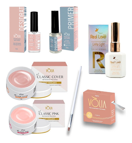 Kit Vólia Gel Cover+ Gel Base+top Coat+desidrat+primer+fibra