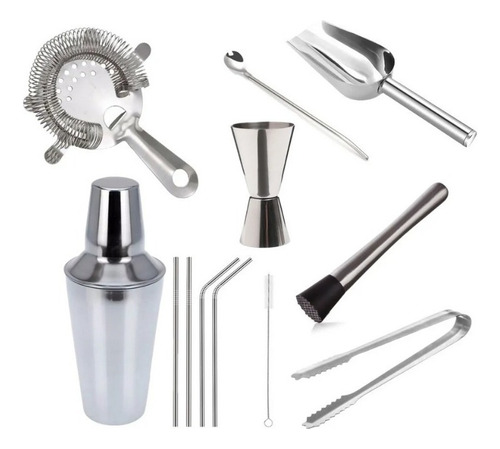 Set Kit Cocteleria Barman Coctelera Pison Jigger Acero Inox