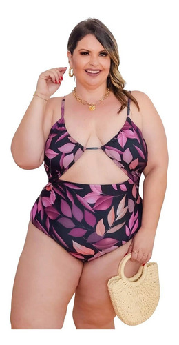 Maiô Com Recortes Praia Forrado Plus Size - Bojo Do 46 Ao 60