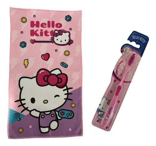 Set Higiene Dental Toalla + Cepillo Hello Kitty Escolar Niña