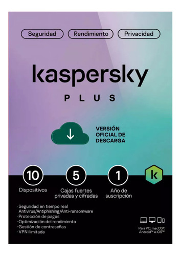 Licencia Digital Kaspersky Plus 10 Dispositivos 1 Año