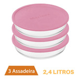 3 Assadeiras Redonda C Tampa 2,4 L Travessa De Vidro Marinex