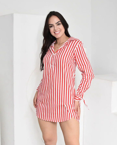 Vestido Social Chemise Manga Longa Listrada Lacinho No Punho