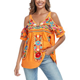 Blusa Moda Mujer Mexicanan Bordada Bohemia Folk Top