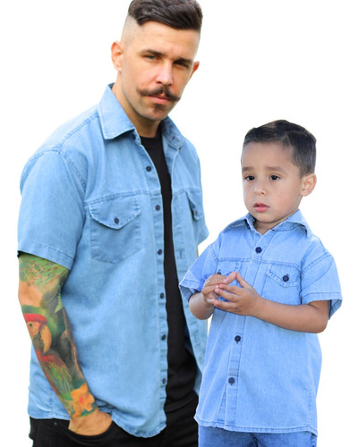 Pai E Filho Kit Camisa Social Jeans Manga Curta Masculina