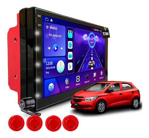 Kit Multimidia Android 2+64gb Gps Carplay + Sensor Vermelho