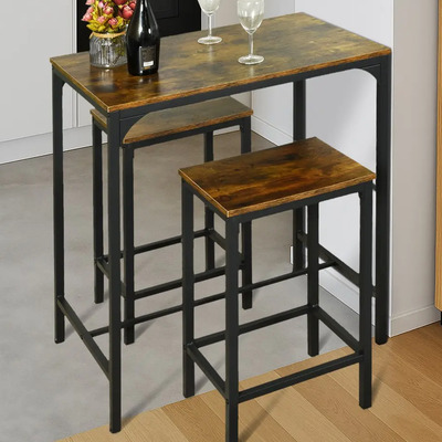 Mesa De Comedor Con 2 Bancos Metal Y Madera Estilo Industria Tapa Marrón Patas Negro | Meses sin interés
