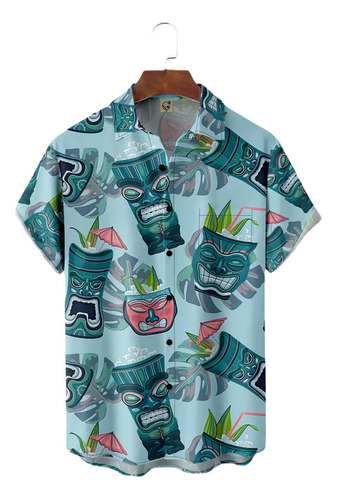 Camisa Hawaiana Unisex Tiki Blue, Camisa De Playa De Verano