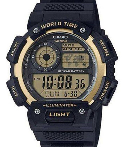 Relógio Casio Masculino Illuminator World Time Cor Da Correia Preto Cor Do Bisel Dourado Cor Do Fundo Digital