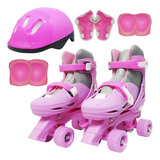 Kit Patins Clássico Quad Roller 4 Rodas + Acessórios Rosa