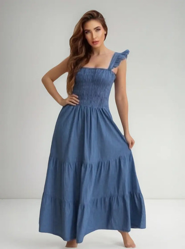 Vestido Mezclilla Largo , Tirantes Con Olan
