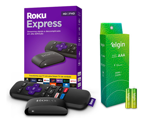 Combo Roku Express Streaming Tv + 24 Pilhas Alcalinas Aaa