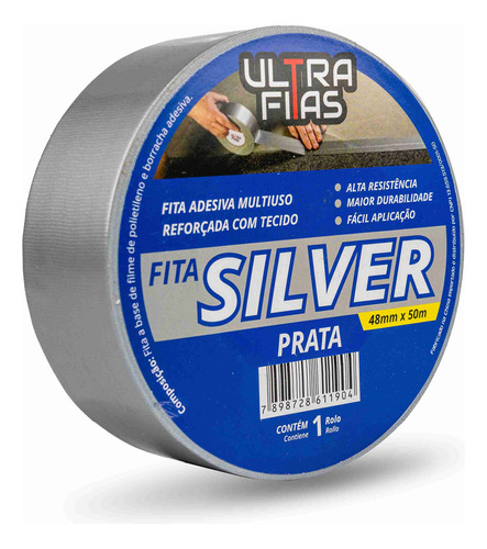 Fitas Silver Tape Multiuso Cinza 50 Metros 48 Mm Adesiva Uso