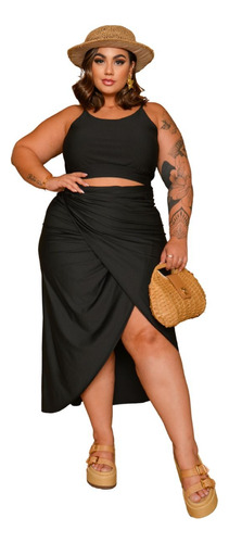 Kit Conjunto Saida Praia Plus Size Multiuso E Top Cropped