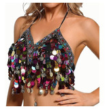 Crop Top Brilla Camiseta Monedas Blusa Danza Playa Fiesta