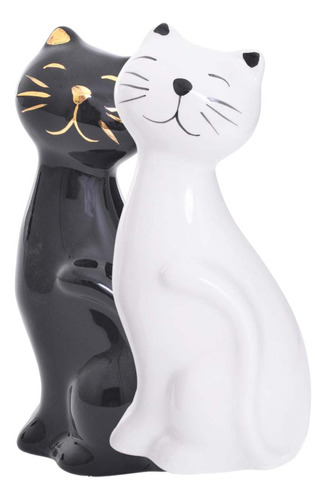 2 Gatos Cerâmica Escultura Decoração Delicado Pequeno Hale Cor Preto E Branco