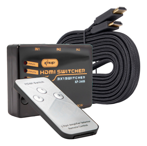 Switch Hdmi Divisor Sinal 3x1 Full Hd 4k 3d + Cabo Hdmi 10mt