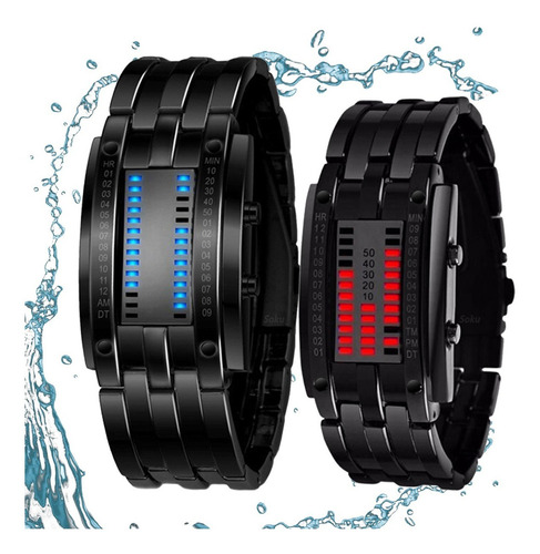 2 Relojes Pareja Duo Led Binario Acero Inoxidable Cotra Agua Color De La Correa Negro-negro