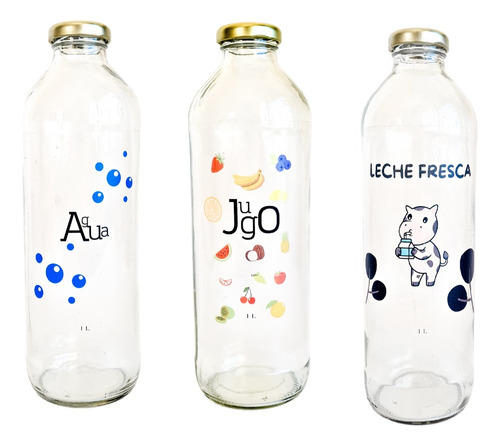 Botella Vidrio Transparente Decorada Jugo Agua Leche 1l X 3u