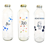 Botella Vidrio Transparente Decorada Jugo Agua Leche 1l X 3u