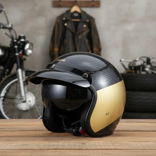 Casco Certificado Fibra Carbon Oro Chopper Retro Cafe Racer