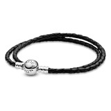 Brazalete Doble De Cuero Negro Pandora Moments Talla 41 Cm