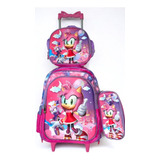 Kit Mochila Escolar Amy Rose Rodinhas Lancheira Estojo 2024