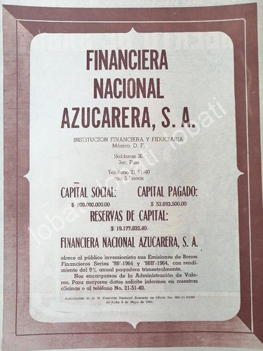 Cartel Vintage Banco Financiera Nacional Azucarera 1964 /213