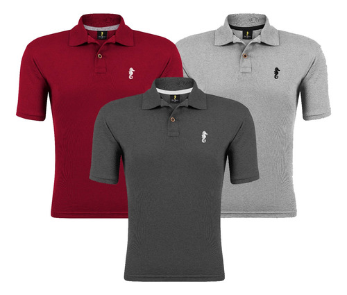 Kit 3 Camisa Gola Polo Marine Camiseta Cavalo Marinho