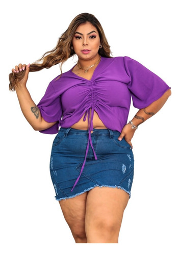 Blusa Feminina Cropped Plus Size Verão Franzido Ajustavel